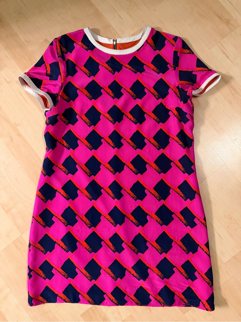 Alice & Trixie Pink Navy Geometric Silk Shift Mini Dress Leather Trim - Large